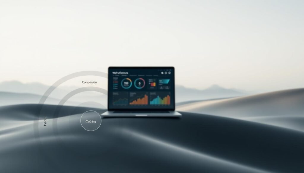 A clean, minimalist website interface with a focus on performance optimization. In the foreground, a set of concentric circles representing various optimization techniques, such as image compression, code minification, and caching. The middle ground features a laptop or mobile device displaying web performance metrics, highlighting the site's speed and responsiveness. The background showcases a serene, abstract landscape with muted colors, conveying a sense of balance and efficiency. The overall composition should exude a professional, technical, and visually appealing aesthetic, suitable for illustrating the "Optimisation technique du site pour la vitesse" section of the article. A clean, minimalist website interface with a focus on performance optimization. In the foreground, a set of concentric circles representing various optimization techniques, such as image compression, code minification, and caching. The middle ground features a laptop or mobile device displaying web performance metrics, highlighting the site's speed and responsiveness. The background showcases a serene, abstract landscape with muted colors, conveying a sense of balance and efficiency. The overall composition should exude a professional, technical, and visually appealing aesthetic, suitable for illustrating the "Optimisation technique du site pour la vitesse" section of the article.
