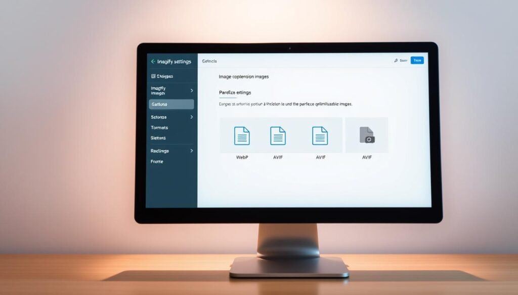 A sleek and modern user interface for the Imagify WordPress plugin, showcasing the "Paramétrage extension optimisation images" section. The foreground features a computer screen displaying the plugin's settings panel, with intuitive controls for optimizing image compression and delivery. The middle ground depicts various image file formats such as WebP and AVIF, emphasizing their lightweight and high-quality nature. The background presents a clean, minimalist design with subtle grid patterns, conveying a sense of efficiency and attention to detail. The lighting is soft and directional, highlighting the interface's clarity and responsiveness. The overall atmosphere is one of professionalism, simplicity, and a focus on optimizing the user's website performance through intelligent image management. A sleek and modern user interface for the Imagify WordPress plugin, showcasing the "Paramétrage extension optimisation images" section. The foreground features a computer screen displaying the plugin's settings panel, with intuitive controls for optimizing image compression and delivery. The middle ground depicts various image file formats such as WebP and AVIF, emphasizing their lightweight and high-quality nature. The background presents a clean, minimalist design with subtle grid patterns, conveying a sense of efficiency and attention to detail. The lighting is soft and directional, highlighting the interface's clarity and responsiveness. The overall atmosphere is one of professionalism, simplicity, and a focus on optimizing the user's website performance through intelligent image management.